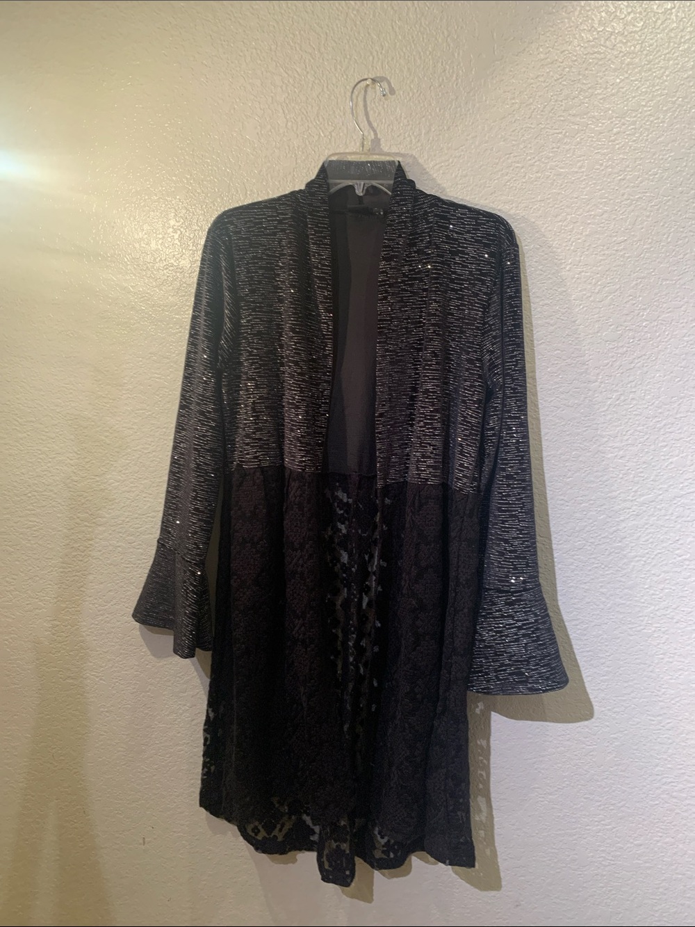 Black Long Sleeve Mixed-Knit & Lace Open Dress - Picture 9 of 12